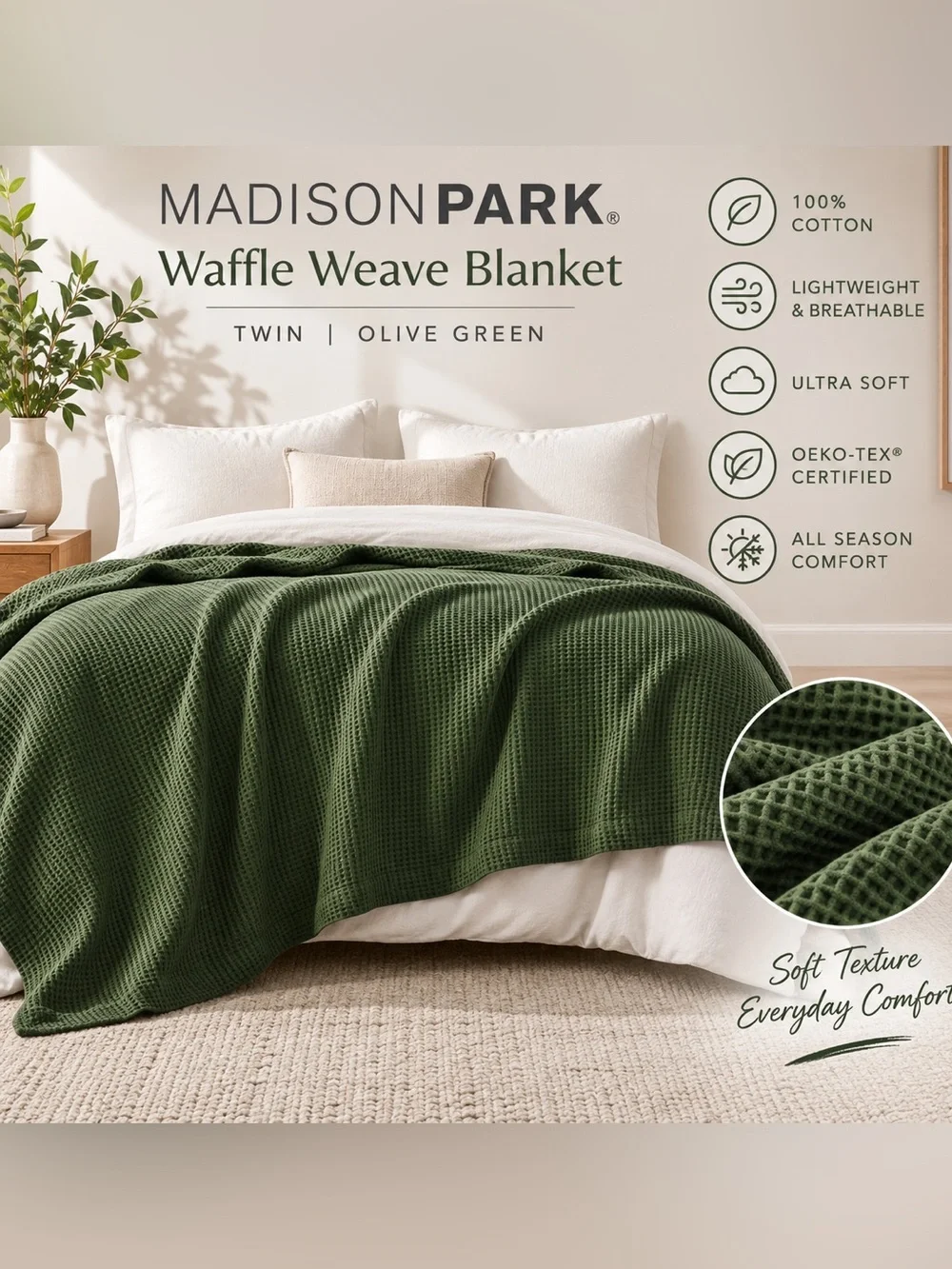 Madison Park Olive Green Cotton Waffle Weave Twin Blanket Lightweight NWT